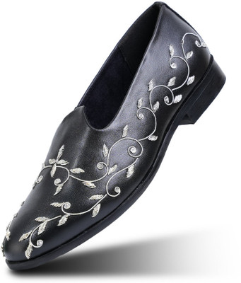 MONKSTORY Monkstory Regal Floral Zardosi Mojari – Black Loafers For Men(Black , 10)