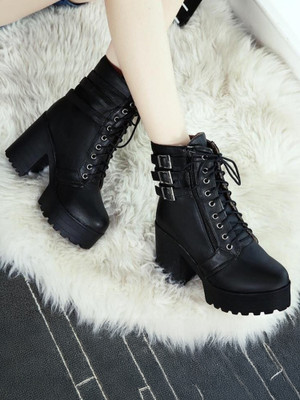 ELUXE PARIS Women's Boots|Faux Leather, Trendy, Comfortable,Lace-Up & Zipper Boots for Women Boots For Women(Black , 3)