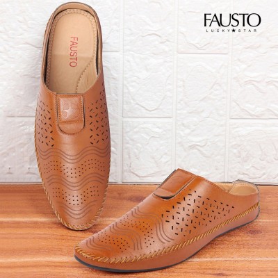 FAUSTO Ethnic Wedding Party Back Open Laser Cut Design Juttis and Loafers For Men(Tan)