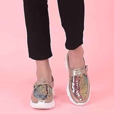 FAUSTO Embellished Fashion Casual Wedges Platform Sneakers with Anti Skid Sole Sneakers For Women(Gold , 4)