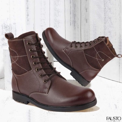 FAUSTO Leather Outdoor Casual Winter Trending High Top Lace Up Biker Boots For Men(Brown , 8)