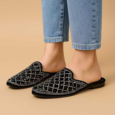 Madam Choice black slip-on with gold & silver rhinestones + clear heel) Party Wear For Women(Black , 6)