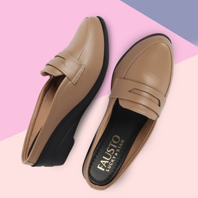 FAUSTO Formal Back Open Platform Wedge Heel Loafer Shoes Loafers For Women(Beige)