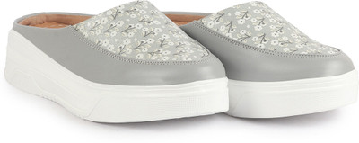 FAUSTO Stiched Floral Print Back Open Height Enhancer Flatform Heel Casual Sneakers For Women(Grey , 4)
