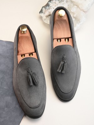 HERE&NOW Grey Suede Leather Casual Tassel Shoes Loafers For Men(Grey , 9)