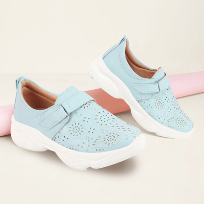 FAUSTO Laser Cut Design Stitched Back Open Hook & Loop Buckle Mules Shoes Casuals For Women(Blue , 4)