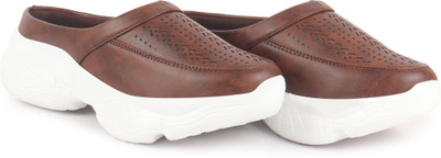 FAUSTO Laser Cut Design Stitched Back Open Slip On Mules Shoes Loafers For Women(Brown , 6)