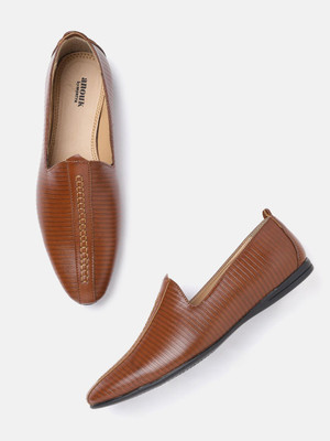 ANOUK Men Brown Striped Textured Handcrafted Mojaris For Men(Brown , 6)
