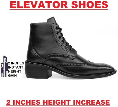 YUVRATO BAXI Men's Black Elevator Height Increasing Full Brouge Casual Lace-Up Boots For Men(Black)