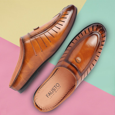 FAUSTO Basics Back Open Laser Cut Design Classic Evening Wedding Slip On Mojaris For Men(Tan , 8)