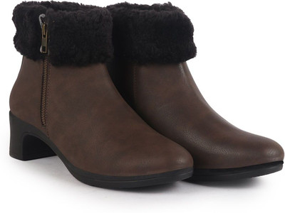 FAUSTO High Ankle Flared Heel Side Zipper Winter Classic Fur Boots|Outdoor Boots|Work Boots For Women(Brown , 4)