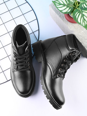 Roadster Brown High-Top Lace-Up Boots | Durable Faux Leather Ankle-Length Shoes | Outdoo Boots For Men(Black , 8)