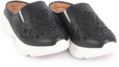 FAUSTO Floral Print Embroidery Design Back Open Slip On Mules Shoes Mojaris For Women(Black)