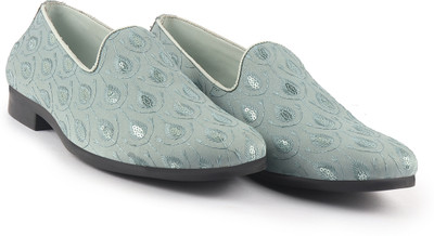 FAUSTO Embroidered Sequin Ethnic Slip-On Juttis with Anti Skid Sole|Wedding Sherwani Mojaris For Men(Blue , 6)