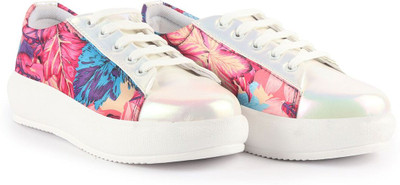 FAUSTO Glossy Floral Print Lace Up Party Shoes|Platform Height Enhancer Sneakers For Women(Pink , 4)