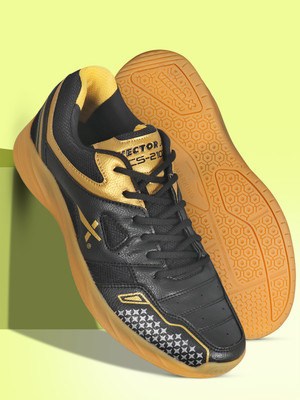 VECTOR X CS-2100 Synthetic Leather Upper With Rubber Non Marking Sole Badminton Shoes For Men(Black, Gold , 6)