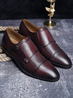 LOUIS STITCH Maroon Italian Leather Double Monk Strap Formal Slip On Shoes for Men (EUWEDMRW) Monk Strap For Men(Maroon , 6)