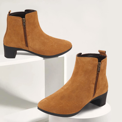 FAUSTO Flared Heel Mid Top Suede Leather Zipper Closure Winter Chelsea Boots For Women(Tan , 3)