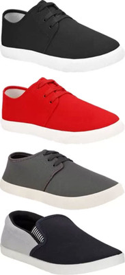 BRUTON Combo Pack Of 4 Canvas Sneakers For Men(Red, Grey, Black, Grey , 8)