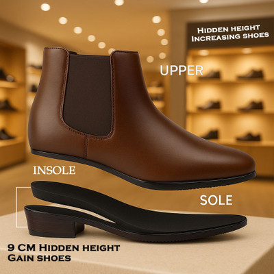BXXY Men's 9 Cm Hidden Height Increasing New Brown Casual Chelsea Formal Boot Party Wear For Men(Brown , 10)