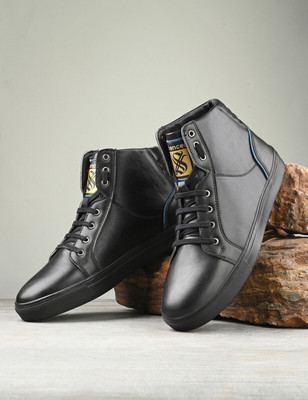 SHENCES Shences Men High top faux leather Black Sneaker High Tops For Women(Black , 7)