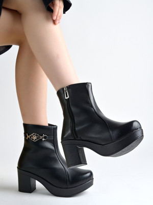 SHOETOPIA Shoetopia Black Platform Ankle Boots with Sparkle Buckle For Women & Girls Boots For Women(Black , 4)