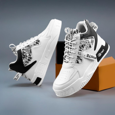 Zixer Mens Skateboard Chunky Sole Stylish Ankle Casual Shoes For Men High Top For Men Sneakers For Men(Black, White , 9)