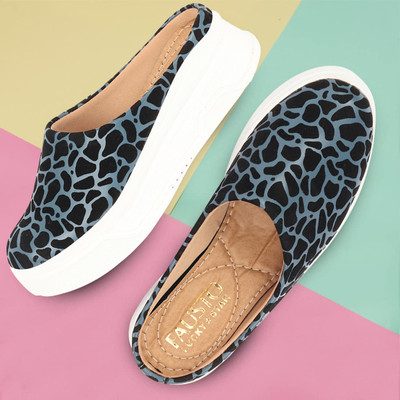 FAUSTO Fashion Outdoor Leopard Print Height Enhancer Open Back Slip On Casual Shoes Loafers For Women(Blue , 6)
