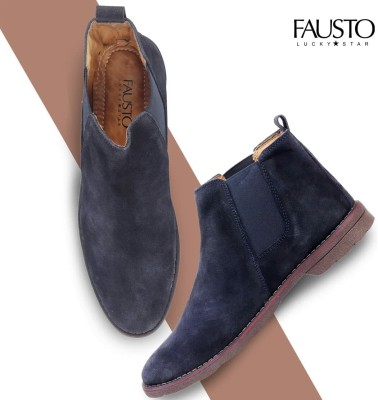 FAUSTO Suede Leather Outdoor Everyday High Ankle Classy Chelsea Mojaris For Men(Blue)