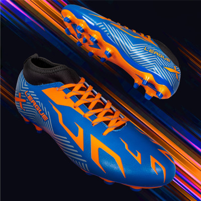 VECTOR X League Soccer Studs With Rib Ankle Synthetic Leather Upper|TPU Sole Football Shoes For Men(Blue, Orange , 9)