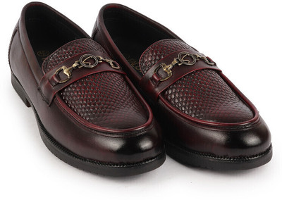 FAUSTO Wedding Party Embossed Design Genuine Leather Buckle Slip On Shoes Loafers For Men(Red , 6)