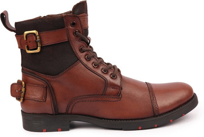 FAUSTO High Ankle Genuine Leather 7-Eye Cap Toe Zipper Classic Biking Boots For Men(Tan , 6)