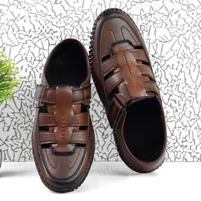 VEPERS Premium Men's Roman Sandals, Versatile Ethnic Leather Shoes Slip On For Men(Tan , 10)