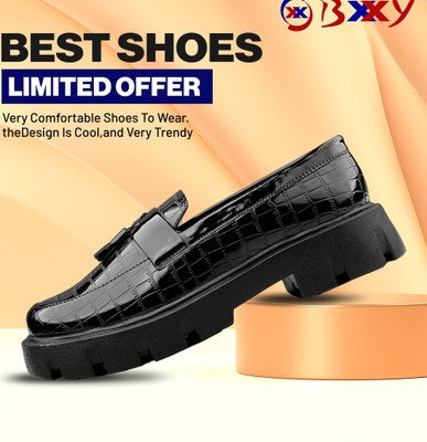 BXXY Men's New Stylish Black Casual Patent Material Loafer Tessel Shoes. Loafers For Men(Black , 9)