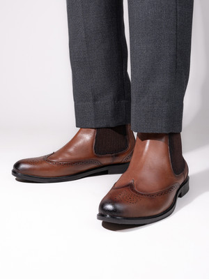 ALBERTO TORRESI Alberto Torresi Tan Leather Brogue Chelsea Boots for Men Brogues For Men(Tan , 9)