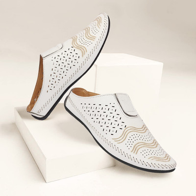 FAUSTO Ethnic Wedding Party Back Open Laser Cut Design Juttis and Mojaris For Men(White , 6)