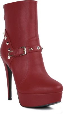 London Rag Red Metal Stud Ankle Boot Boots For Women(Red)