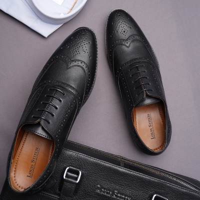 LOUIS STITCH Black Wingtip Style Brogue Formal Shoes for Men - UK 8 Brogues For Men(Black)