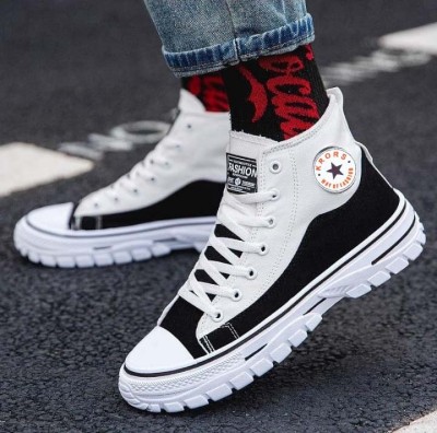 Krors Styles Men's Fashion Outdoor Trend High Top Sports Shoes Casual Shoes Boots Boots For Men(White, Black , 10)