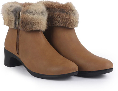 FAUSTO High Ankle Flared Heel Side Zipper Winter Classic Fur Boots|Outdoor Boots|Work Boots For Women(Tan , 6)