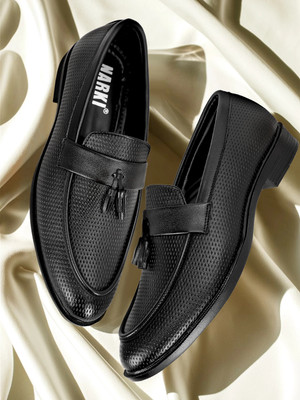 NARKI Men's Black Textured Leather Tassel Loafers – Stylish Slip-On Loafers For Men(Black , 8)