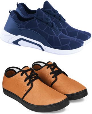 Free Kicks Combo Of 2 Shoes FK-Lysha & FK-205 Sneakers For Men(Tan, Blue , 6)