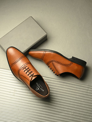 Nico Nerini Classic Men's Tan Leather Oxford Shoes with Brogue Detailing – Formal Wear Oxford For Men(Tan , 9)