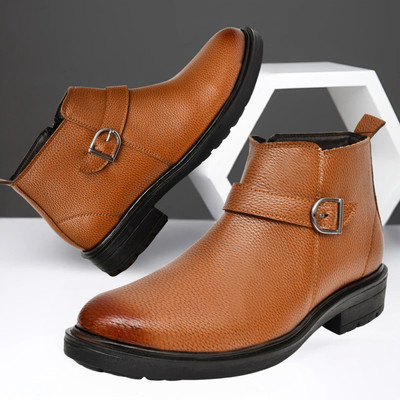 Zixer Chelsea Boots For Men Leather High Ankle Formal Chalsi Bike Riding Chukka Boots Monk Strap For Men(Tan , 10)