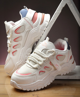 asian Casual Sneaker Shoes For Women | Stylish and Comfortable | FLORA-01 Sneakers For Women(White, Pink , 8)