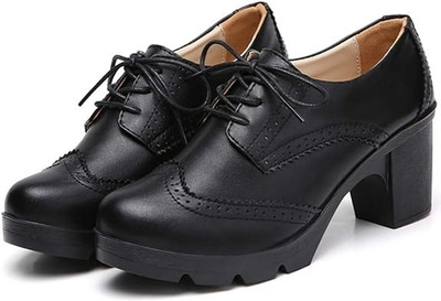PILLAA Genuine Leather Formal Casual Heel High Shoes Lace Up Derby High Tops For Women(Black , 5)