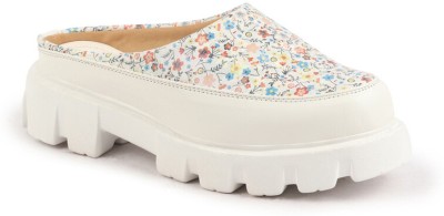 FAUSTO Stiched Floral Print Back Open Height Enhancer Casual Loafers For Women(White)