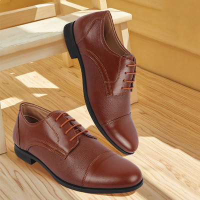 FAUSTO Formal Office Textured Design Cap Toe Genuine Leather Shoes Lace Up For Men(Tan , 8)
