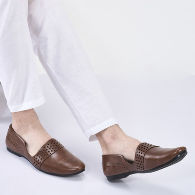 FAUSTO Laser Cut Design Side Open Broad Feet Ethnic Party Shoes Mojaris For Men(Tan , 10)