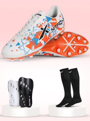 VECTOR X Combo Nitro X Shoe With Pair of Shin Guard & Stockings Football Soccer Kit Football Shoes For Men(White, Orange , 10)